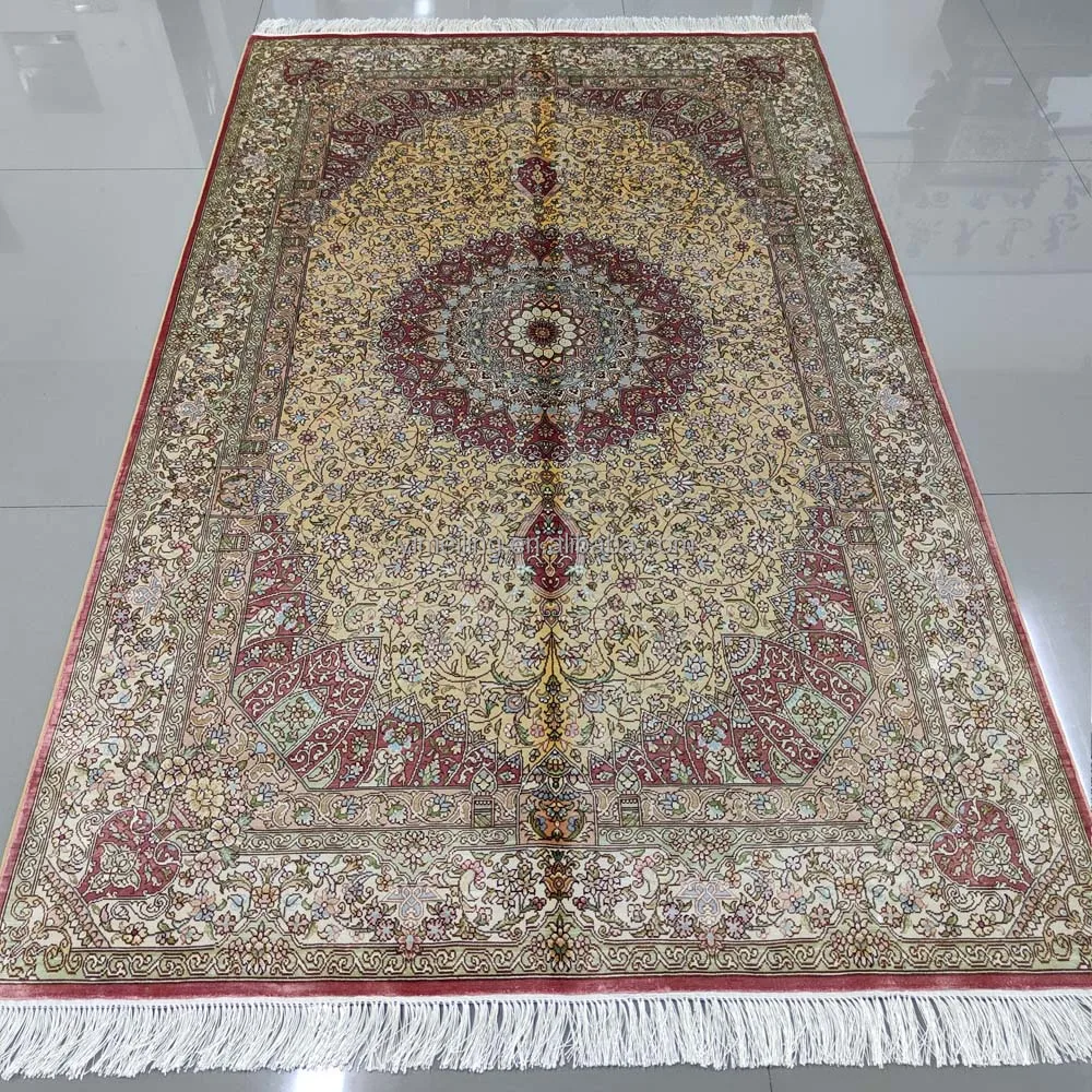 4x6 Gold Yellow Red Traditional Silk Hand Knotted Handmade Persian Rugs for Sale Qum Isfahan Design