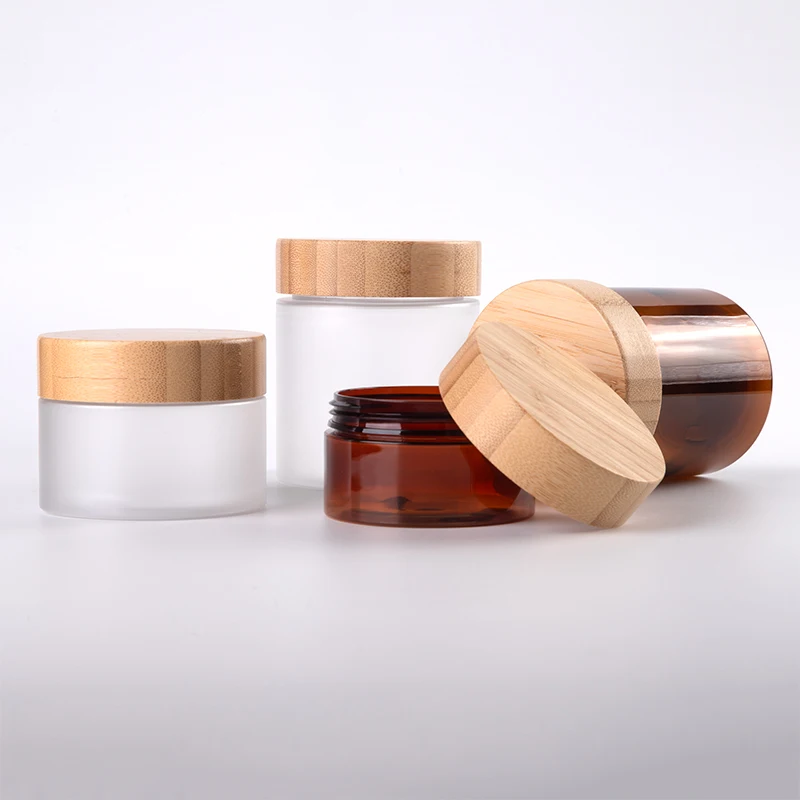 8oz 16oz 250mL 500mL frosted bamboo products amber clear pet plastic body butter cosmetic cream containers jar with bamboo lid