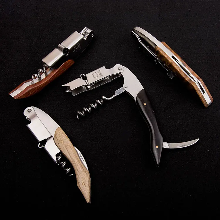 China Suppliers Professional Bar Opener Waiters Corkscrew with Ergonomic Wooden Grip Wine Key Beer Bottle Opener Foil Cutter