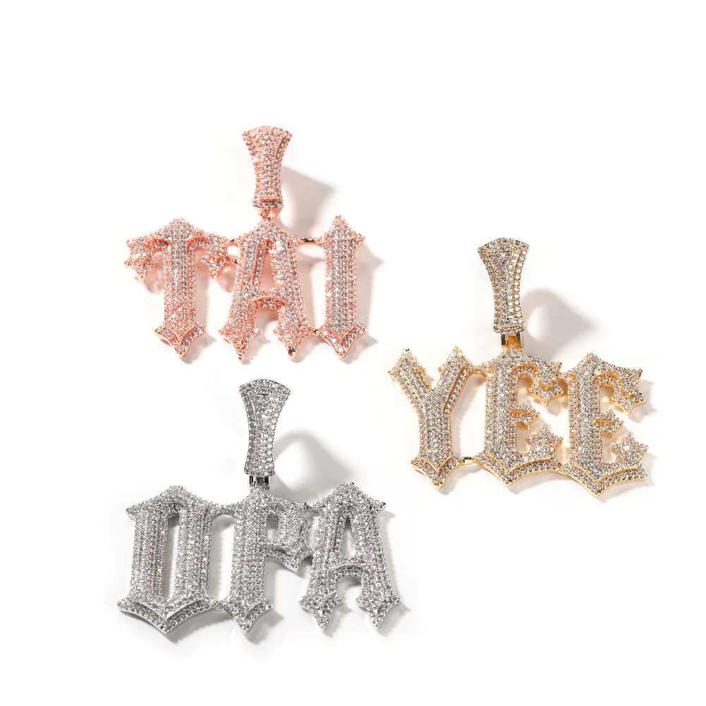 DE Spike Sparkling Fashion Stylish Hiphop Jewelry Iced Baguette Zircon Customized Big Letters Brass Pendant Necklace