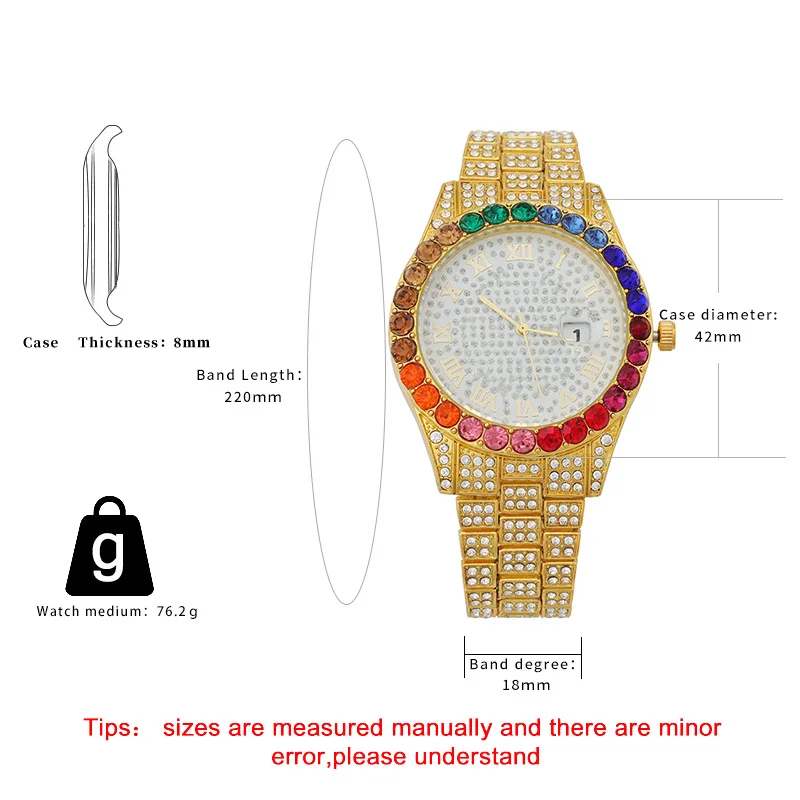 Gold Iced Out Men Watches Rainbow Diamond Quartz Luminous Watch Man Luxury Classic Unique Wristwatch