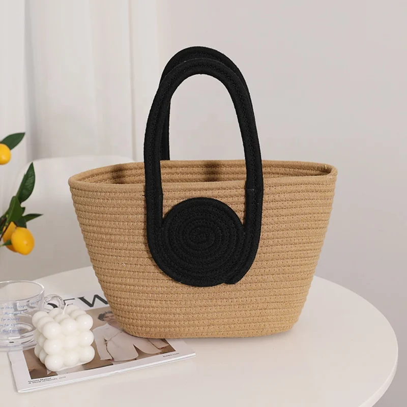 FSP115 New Stylish Multicolor Cotton Rope Woven Crochet Summer Beach Tote Handbag Portable Leisure Knitting Thread Storage Bag