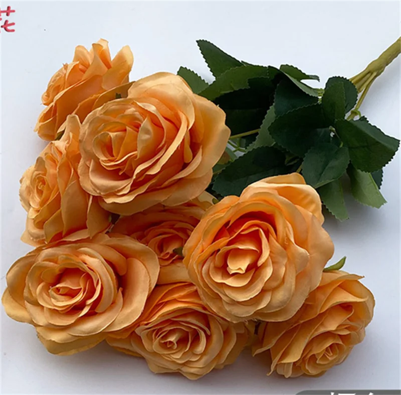 IFG Wholesale 9 Head Burnt Orange Autumnal Artificial Flower Roses Bouquet for Wedding Home Party Decoration