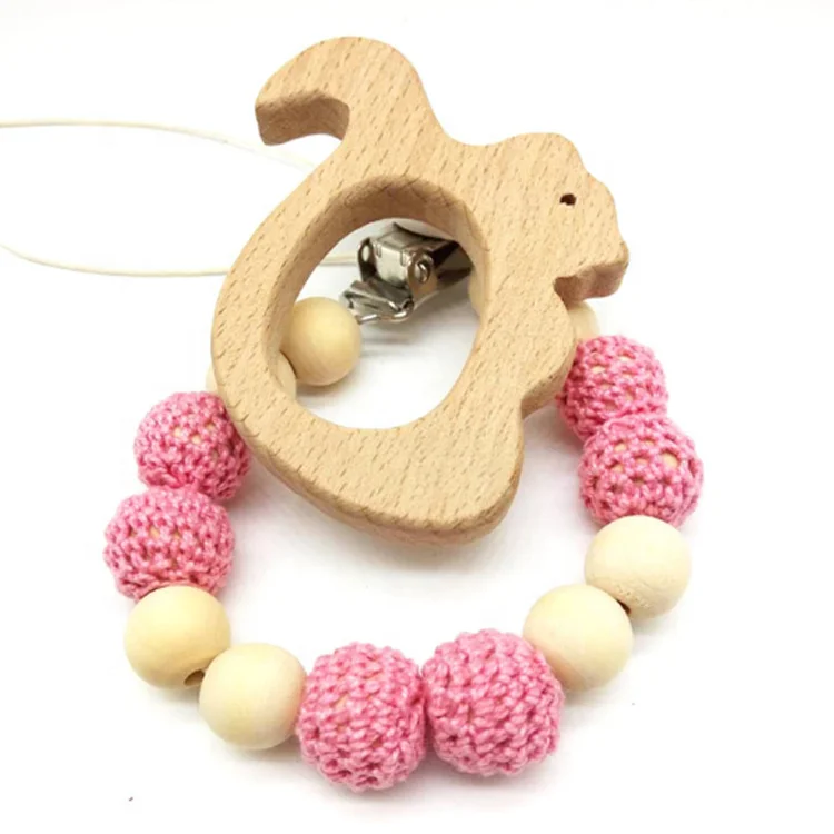 Wholesale beads pacifier chain baby wooden pacifier chain holder with hook wooden beads
