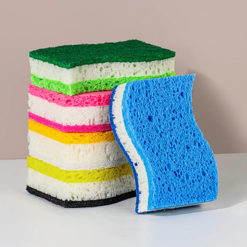 2 pack New Design Three layers Durable S Shape Cellulose Sponge Dishwashing Colorful High Foam Scrub Sponge For Kitchen Cleaning