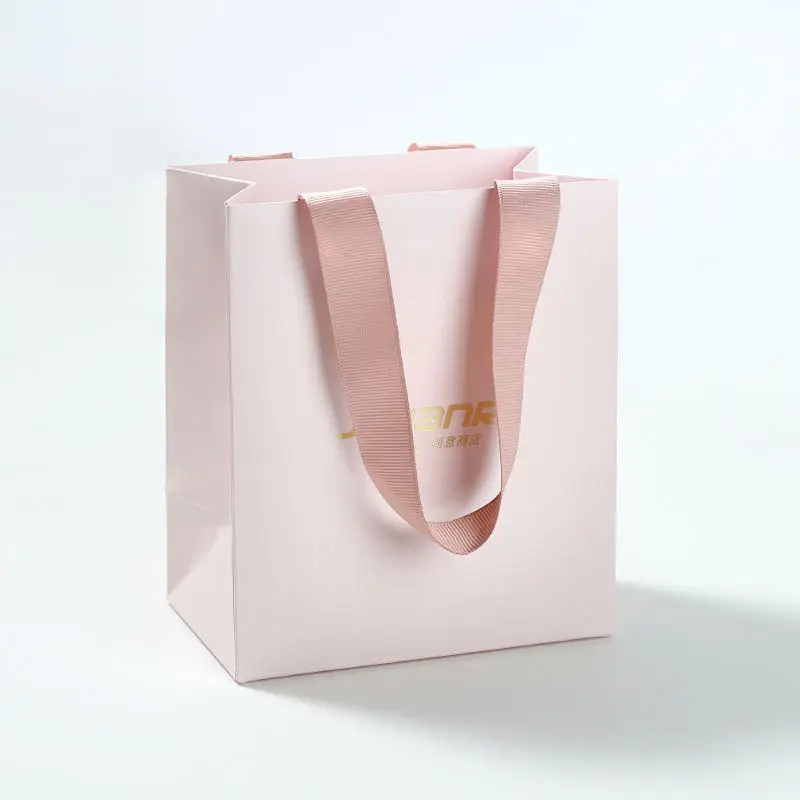 Pink Cardboard Shopping Paper Bags With Logos Custom Shoes Clothing Packaging Retail Craft Gift Paper Bag Ribbon