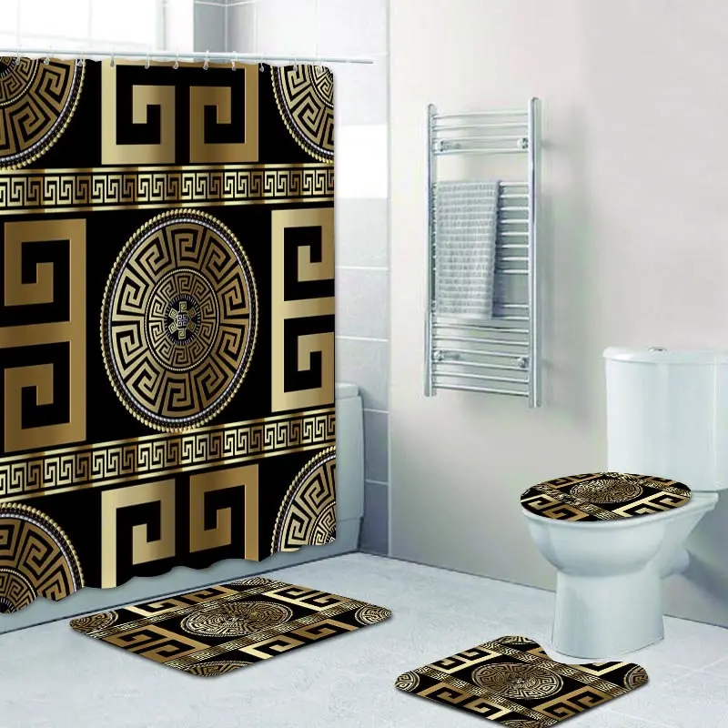 3D Luxury Black Gold Greek Key Meander Baroque Bathroom Curtains Shower Curtain Set