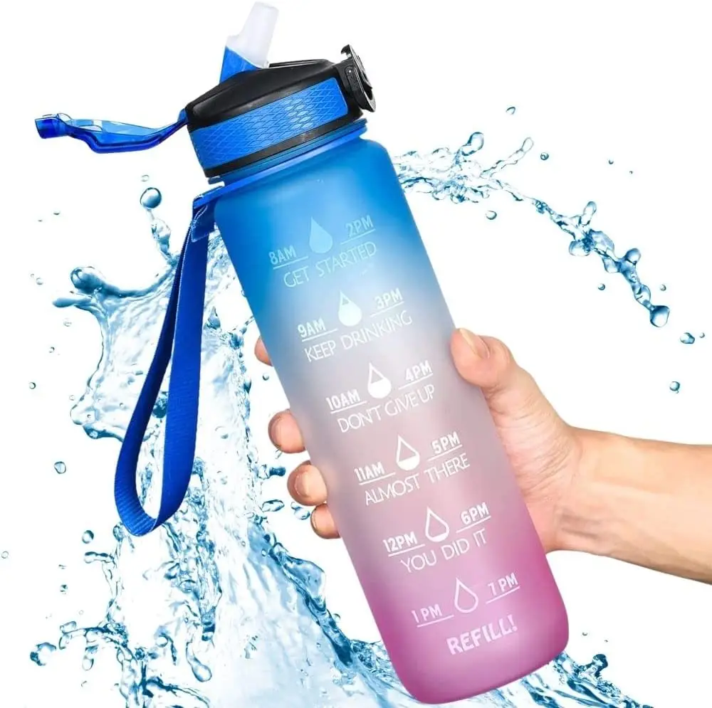 Hiking Water Bottle Frosted Plastic Bottle 1 Liter 32 Oz Motivational Water Bottle With Time Marker Reminder