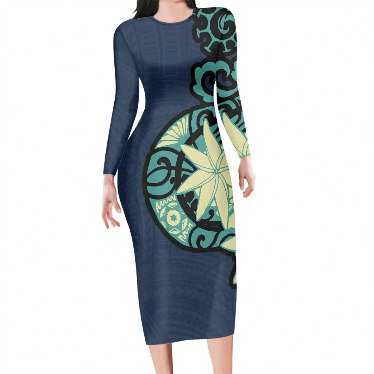 Woman Long Sleeve Bodycon Dress Polynesian Tribal Fiji Flower Print  Women Club Dresses Sexy Custom Plus Size Dress For Woman
