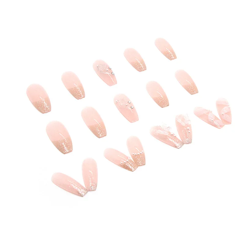 Long Fake Nail Tips Very Beautiful White Lace Flower Butterfly Pearl Press On Nails