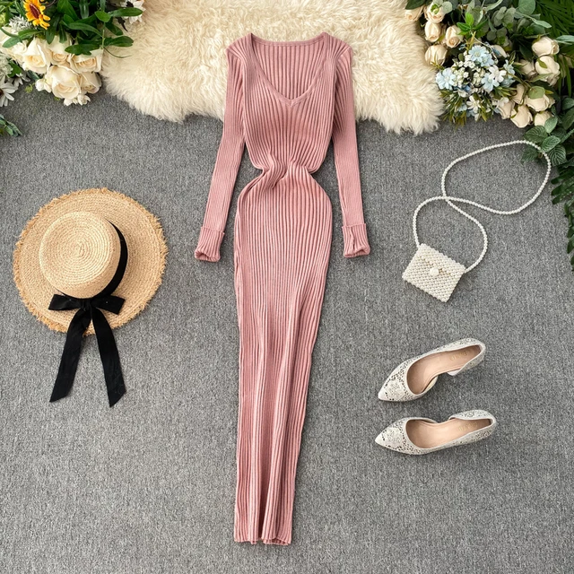 Women Autumn Knitted Dress V Neck Sexy Basic Bodycon Sweater Dress Winter knit Warm Long Dress
