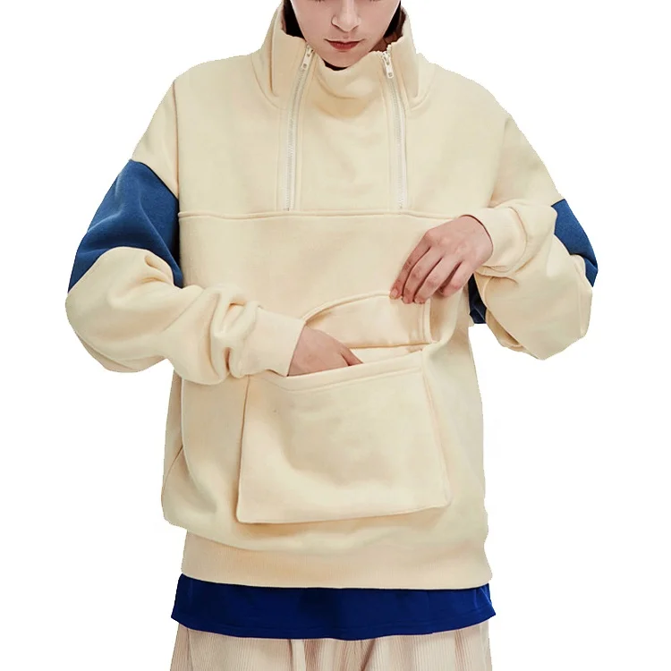 2022 New Big Pockets Pullover Double Zipper Vintage Hip Hop Blank Oversized Cotton Sweatshirt Men