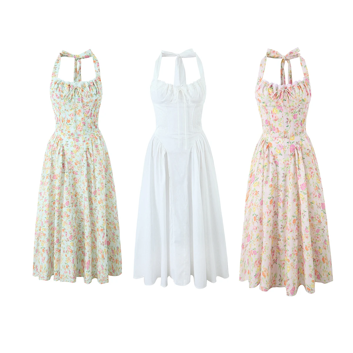 3 colorway back hollow out sleeveless front lace up casual fashion cotton long summer dress for women