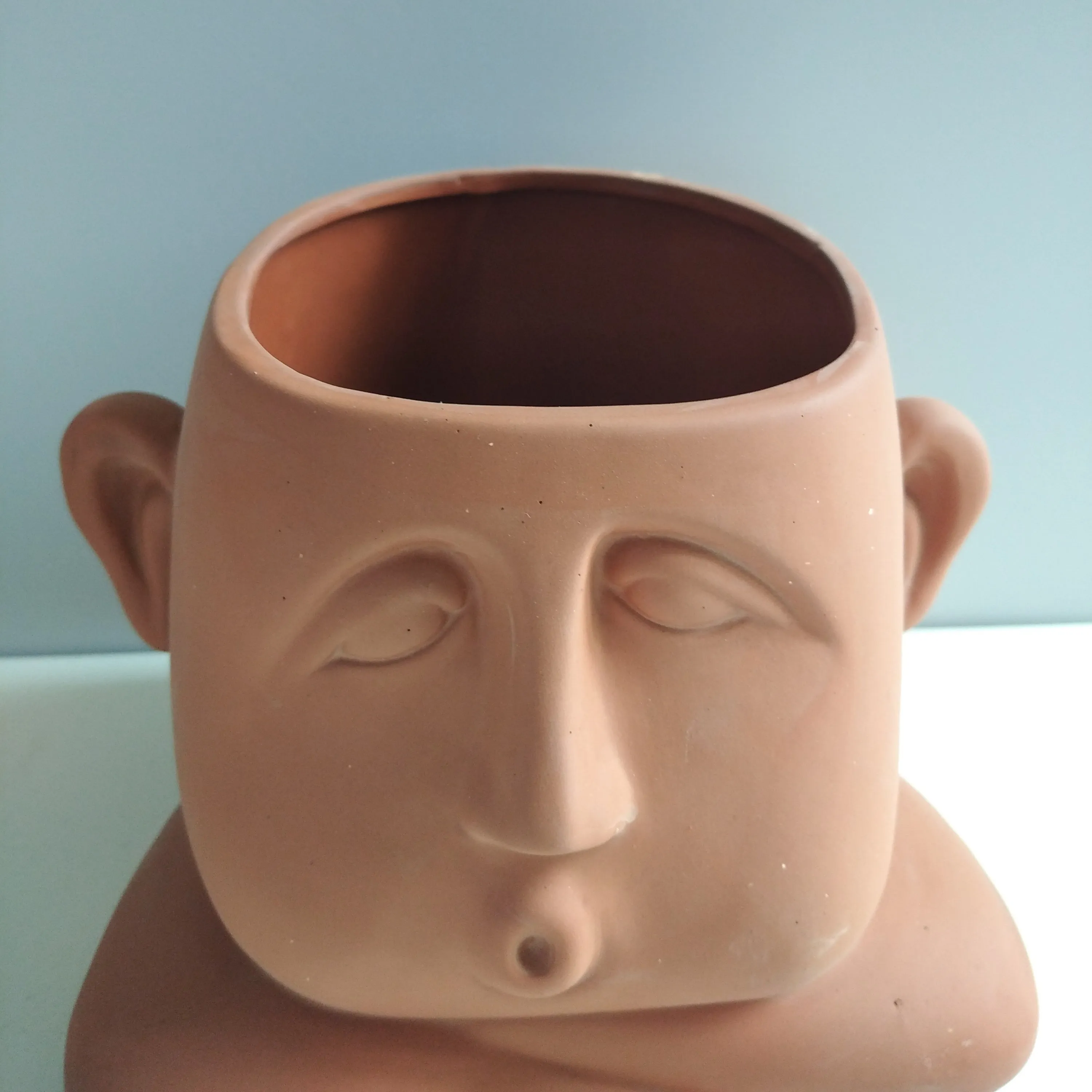 Creative terracotta ceramic human face brown flower pot for indoor home garden decoration