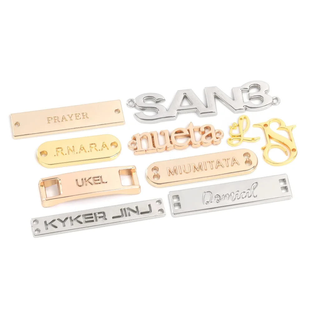 Clothing bag Shoe gold letter custom tags brand abaya plate metal label embossed metal logo for clothes clothing bags handbags