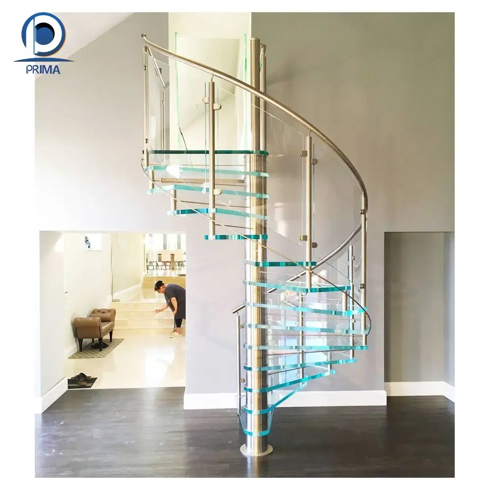 Prima Modern Spiral Staircase Wooden Stringer Treads Staircase With Glass Railing