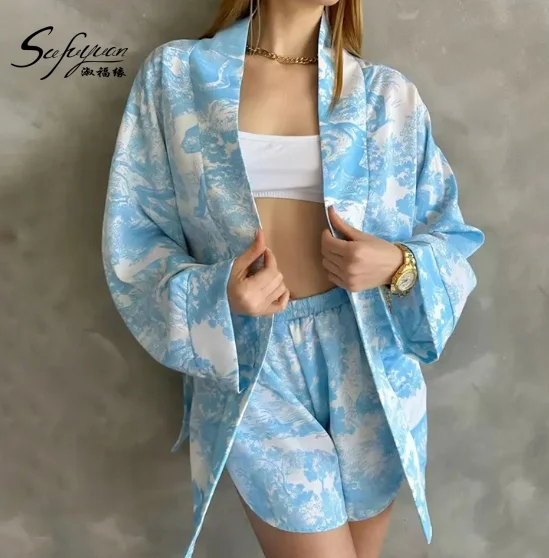 SFY-YH0059 Comfortable Soft Printed Long sleeved blouse and Shorts Nightwear Set fashion two piece pajamas set Wholesale
