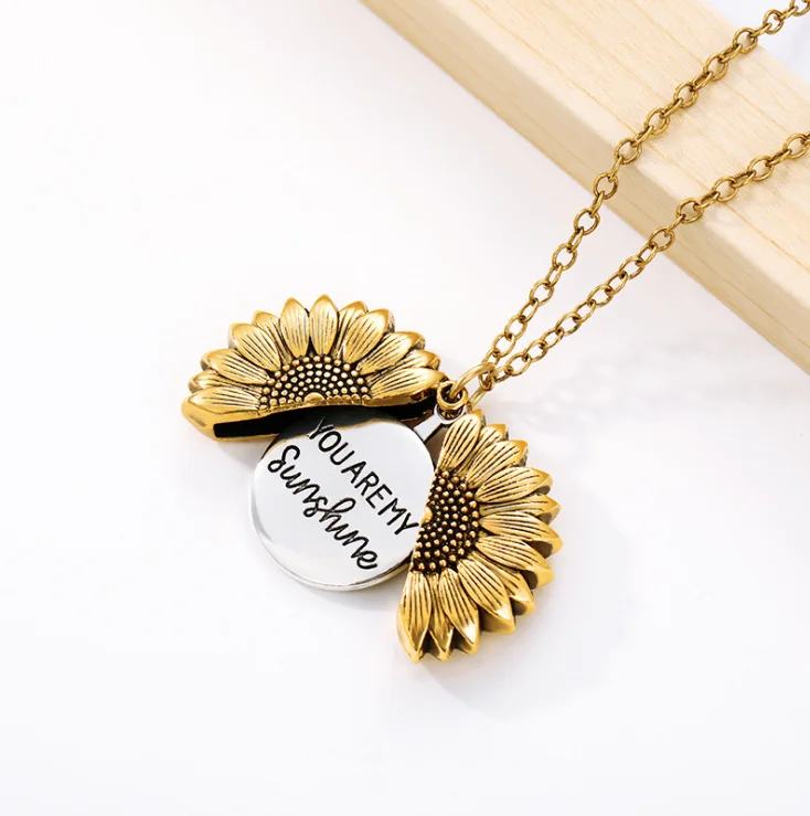 European Fashion Stainless Steel Sunflower Pendant Necklace Open Lettering YOUARE MY SUNSHINE Necklace