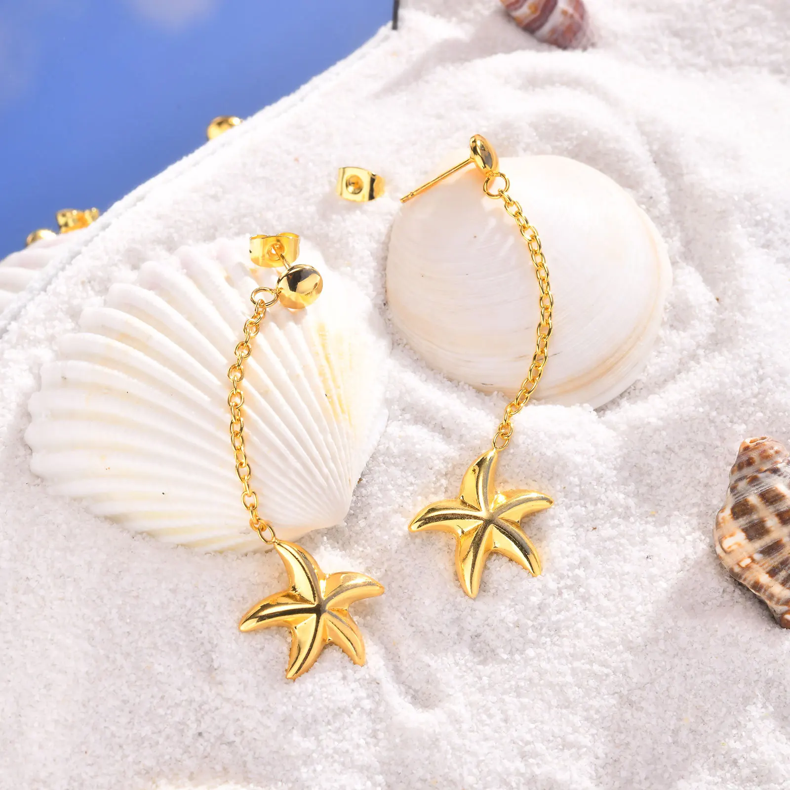 New Trend Fashion Summer Beach Jewelry Waterproof Women PVD Gold Stainless Steel Starfish Dangle Earrings