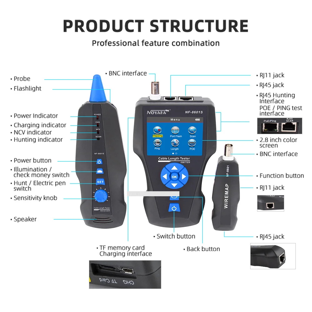 NOYAFA NF-8601S Network Cable Tester RJ45 RJ11 Multifunction TDR Length With PoE/PING/Port Testing LCD Digital Wire Tracer