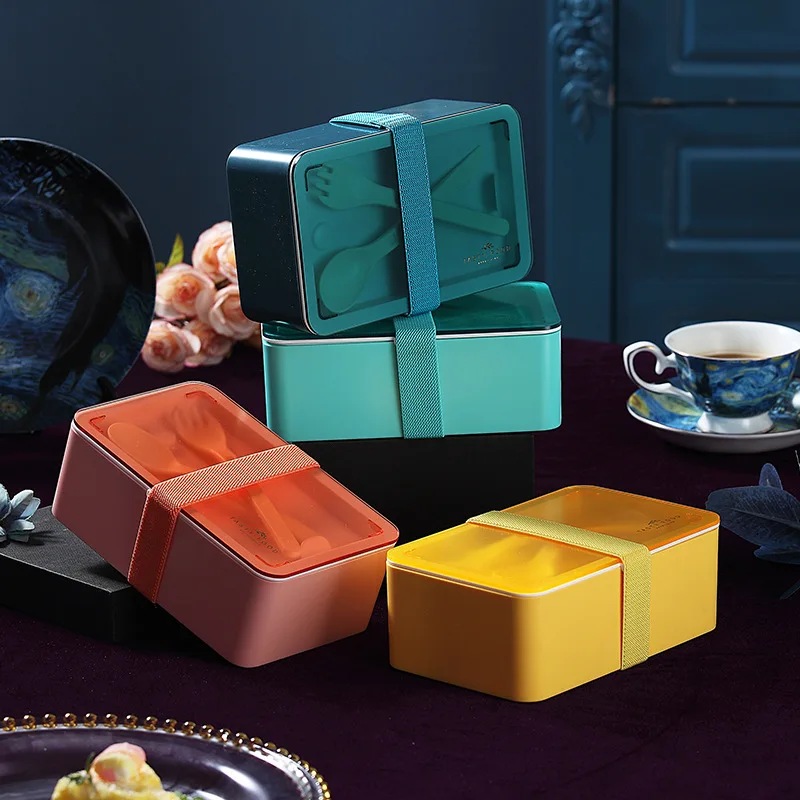 New Ins Japanese Style Candy Color Student Office Straps Rectangular Lunch Box bento box Microwave Oven Available