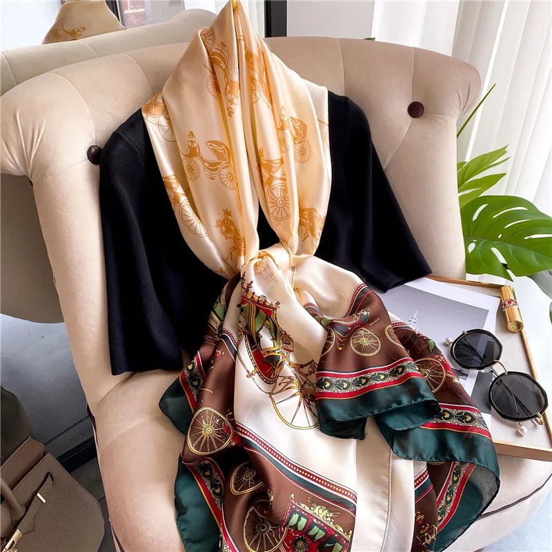 2022 Wholesale Custom Design New Silk Satin Scarf Headscarf Ladies Simulation Silk Scarf Luxury Designer Brand  Silk Scarf