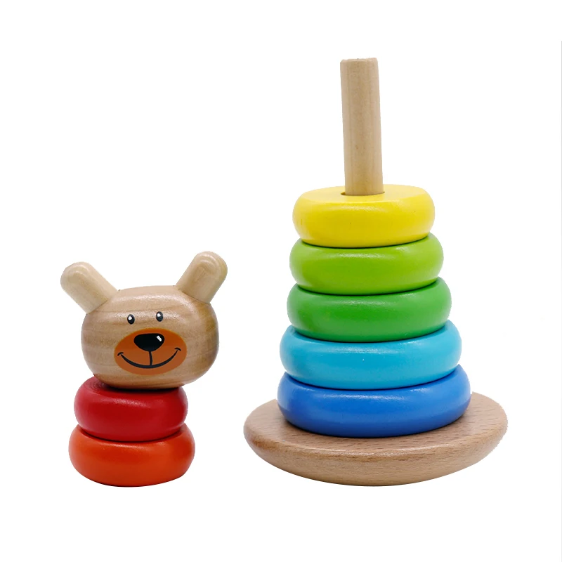 Wooden Rainbow Tower Ring Building Blocks Stacking Toy Bear Colorful Tower for children