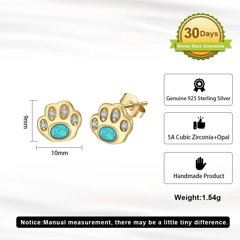 RINNTIN SE402 925 Sterling Silver Opal Zirconia Pet Paw Stud Earrings Cat Dog Earrings White Gold Plated Fine Jewelry