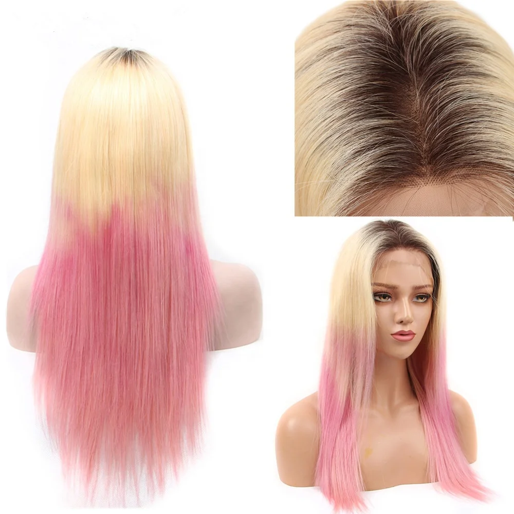 13X4 Colored Light Pink Lace Frontal Wigs Straight Grey Blue Purple Lace Front Human Hair Wig for Women