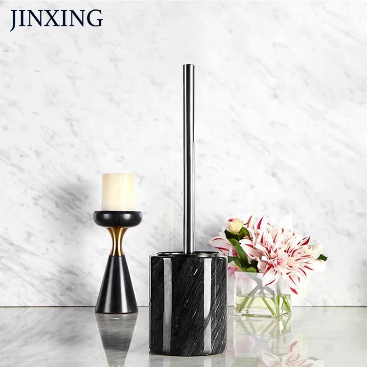 Polished Toilet Brush Cleaning Tool Holder Black Marble Toilet Brush And Brush Holder With Cork Mat