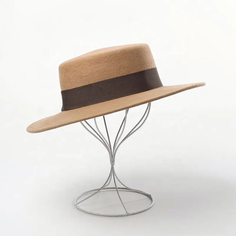 Ladies Wool Felt Boater Hat with Wide Ribbon