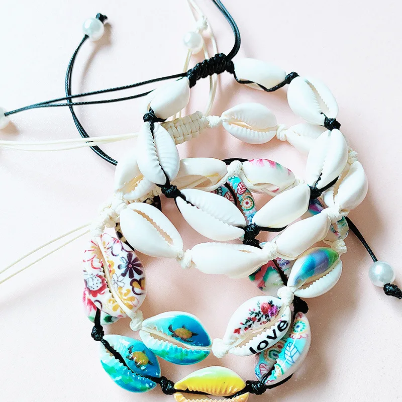 Bohemian Painted shell bracelet Summer Beach Ocean wax thread woven shell accessory bracelet Anklets for women