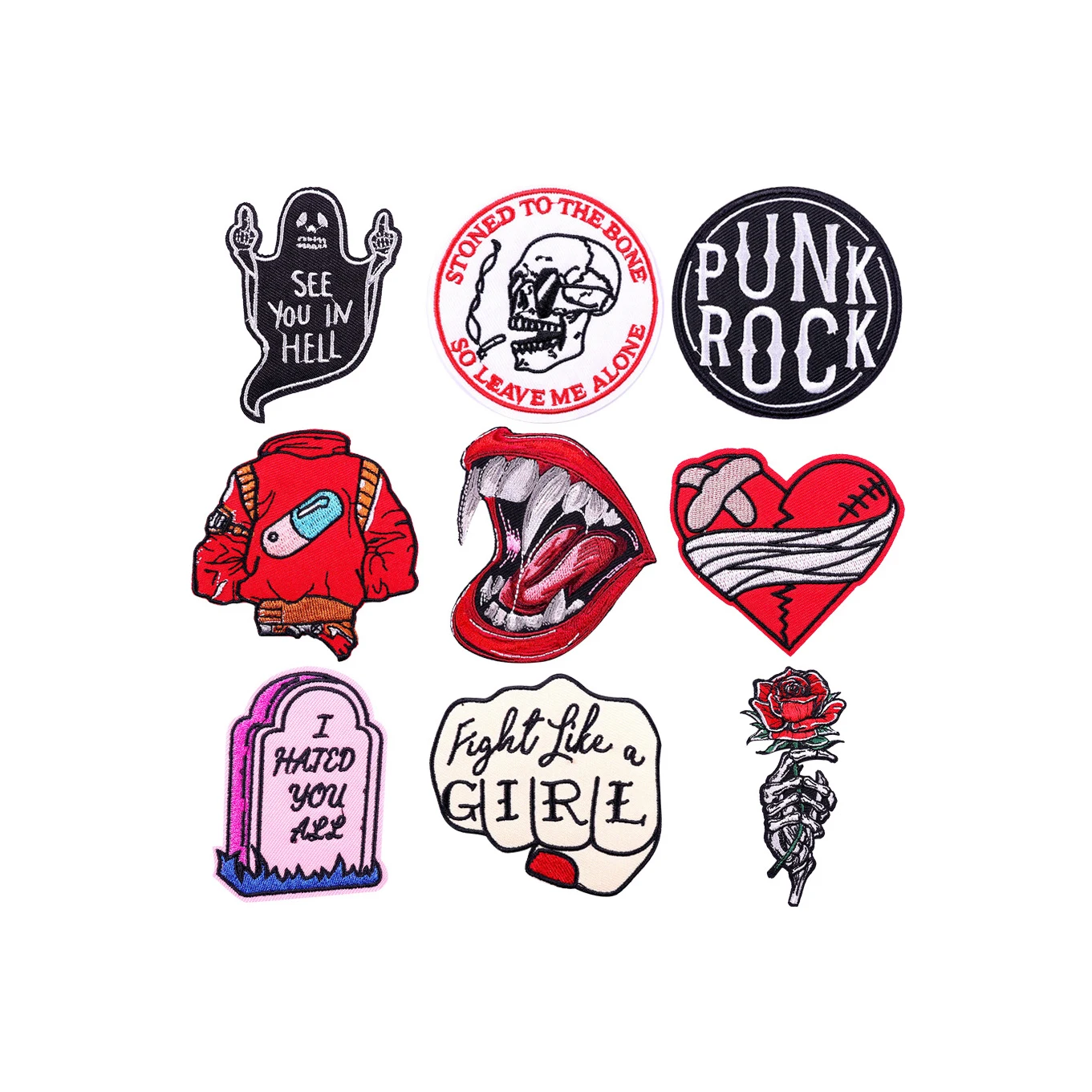 9 Pieces Set Of Punk Lips Skull Horror DIY Decoration Embroidery Badges Colorful Iron On Patch Embroidery Patches for DIY