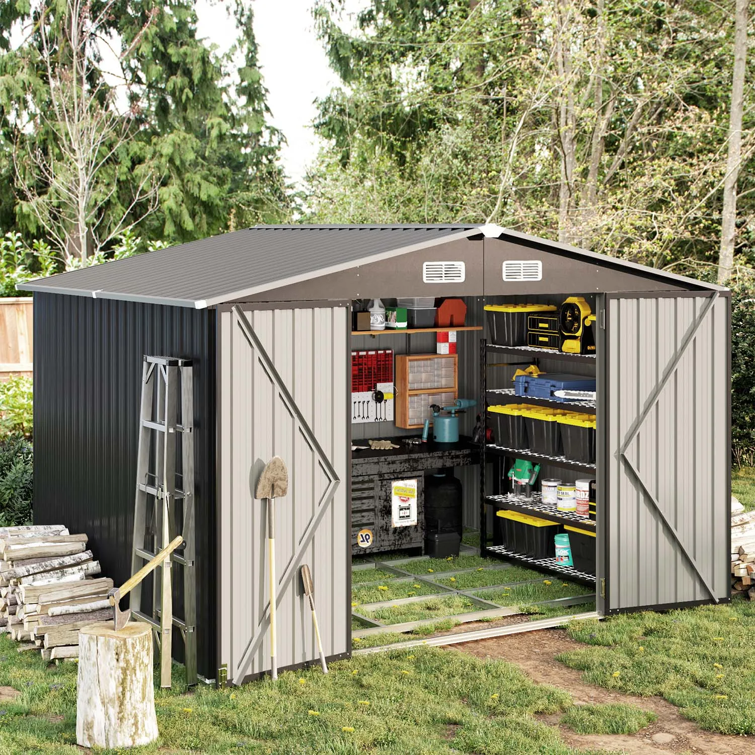 Outdoor Shed House with Double-Sliding-Door Metal Storage Garden Shed