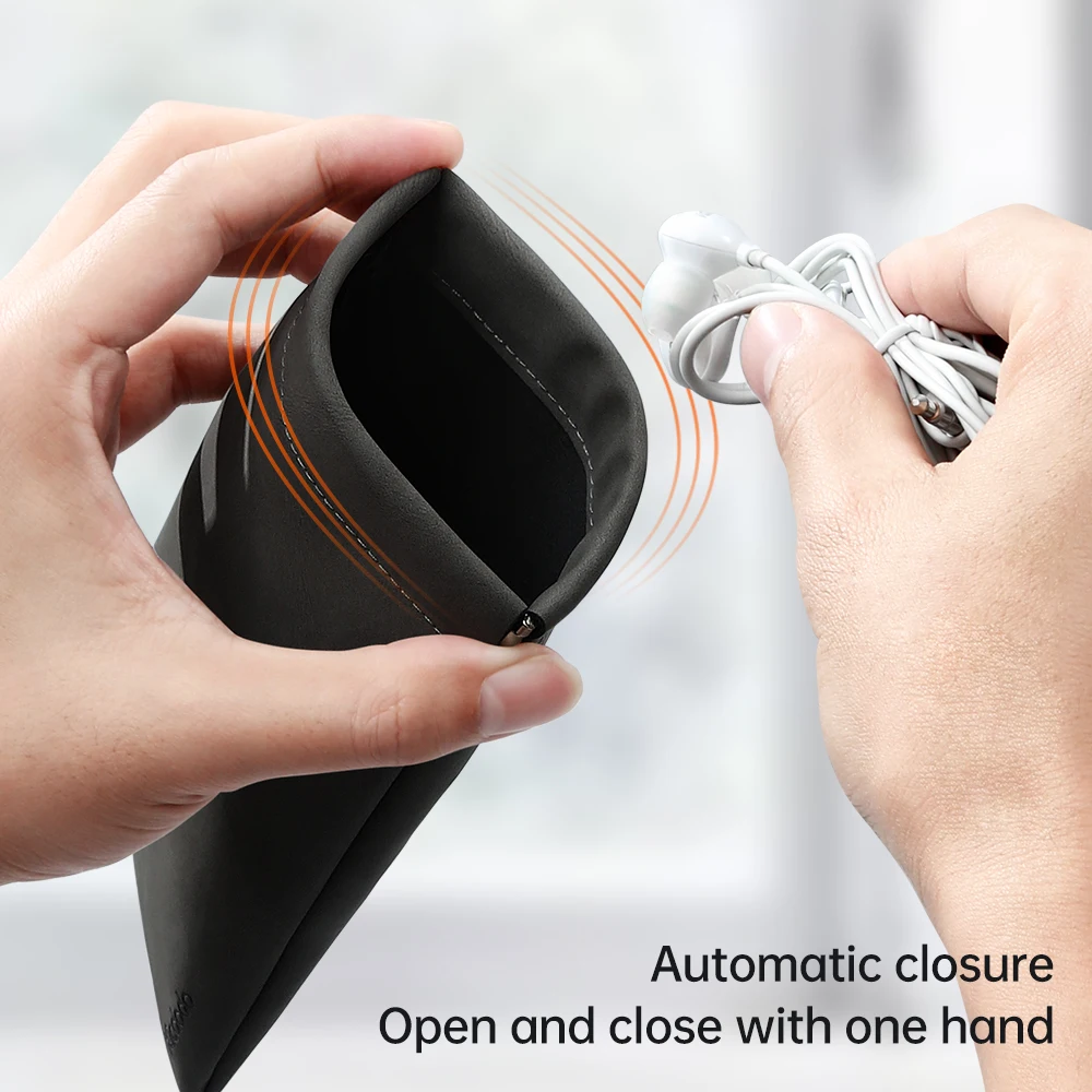 PU Leather Earphone Pouch with Snap Spring Closure for Carrying Store Splash Waterproof Cable Charger Card Headphone Storage Bag