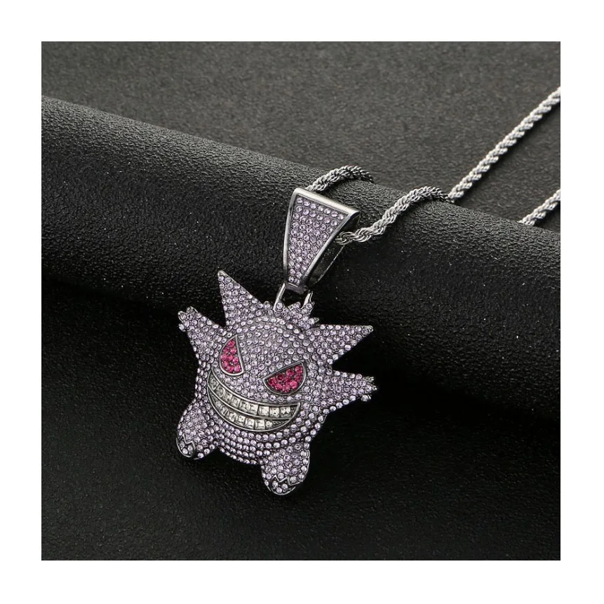 Factory Direct Sales Elf Anime Gengar CZ Pendant Necklace Chain Hip Hop Full Diamond Gold Silver Plated Necklaces Gift Box