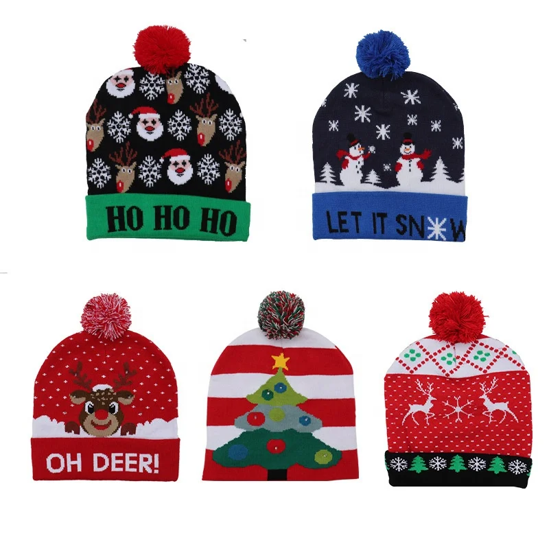 Manufacturer Fancy New Year Winter Festival Xmas Party Supplies Pompom LED Light Up Knitted Beanies Christmas Hat for Kids