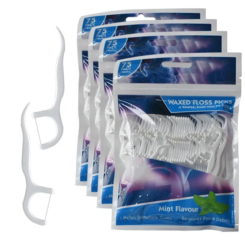 Top sales 75pcs waxed mint flavored dental tooth pick floss sticks toothpick with floss flosser picks