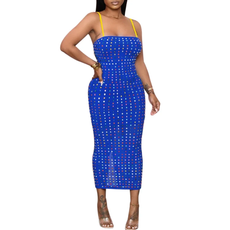 China wholesale cloth factory party evening sexy lady beaded sequin strap midi dress FX_F220