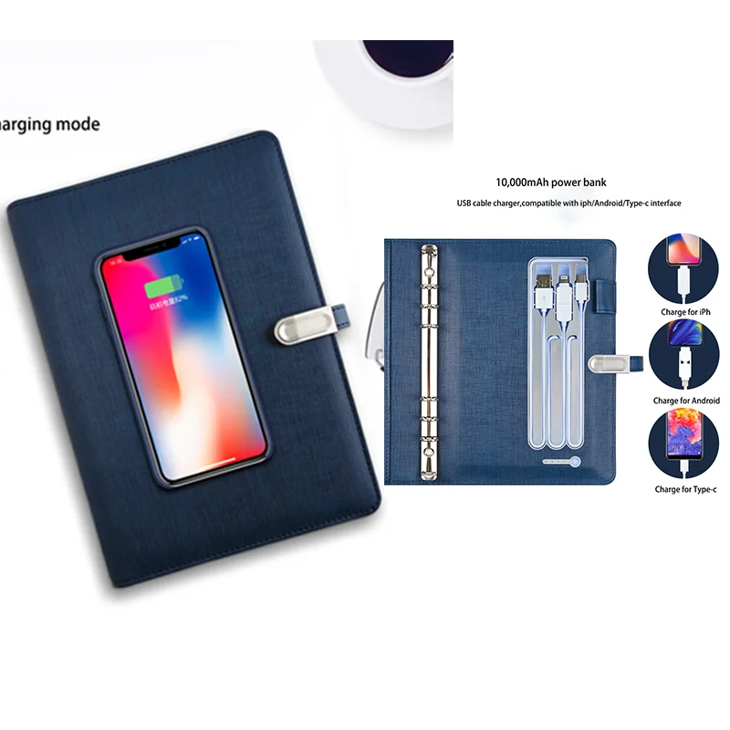 Multi colors binder Factory brand a5 diary notebook with power bank and usb flash drive loose leaf notebook with cable charger