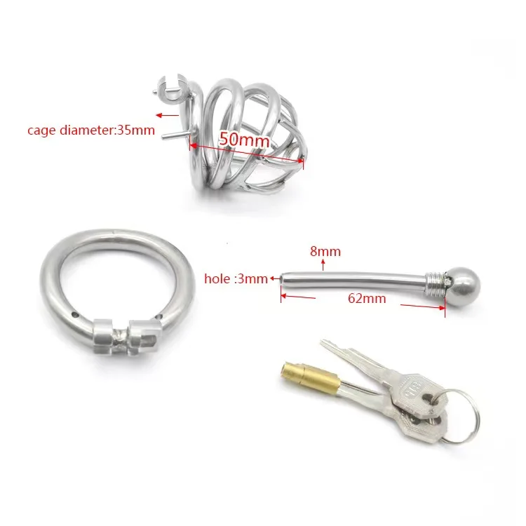 Stainless Steel Small Chastity Device with Catheter and Barbed anti-off Ring