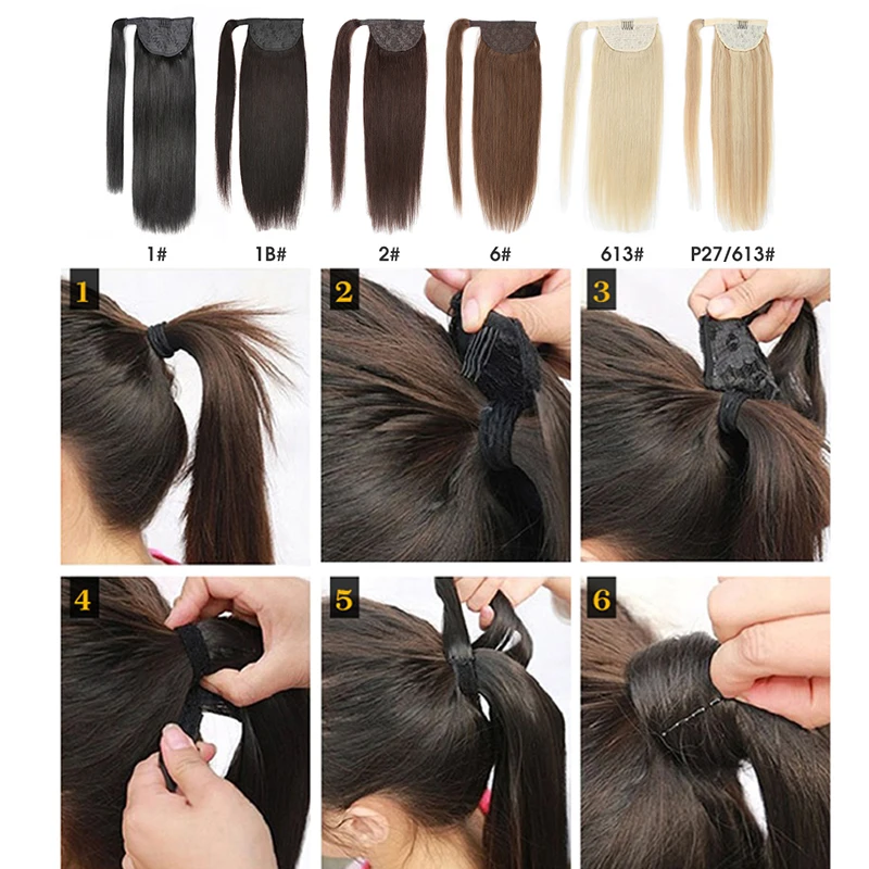 100% Natural Virgin European Remy Human Hair Extensions Long Black Stick-On Clip-in Ponytail Instant Wrap Straight Style