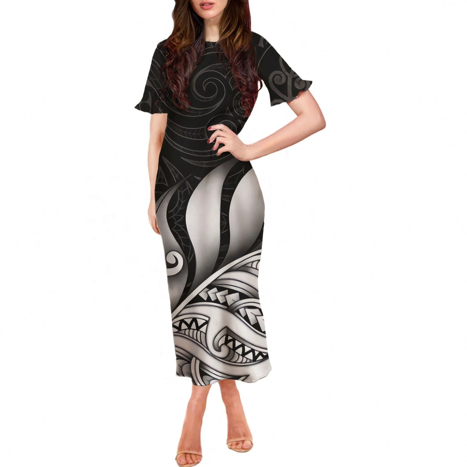 
4XL Dress Casual Women Long Polynesian Tribal Printed Comfortable Short Sleeve Plus Size Long Dresses Women Party Round Neck 