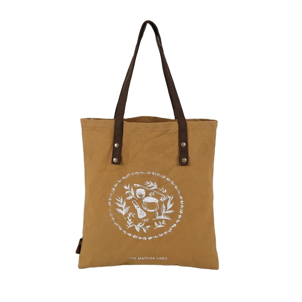 Custom Made Environment Recyclable Handbag canvas Tote Bag with leather handle