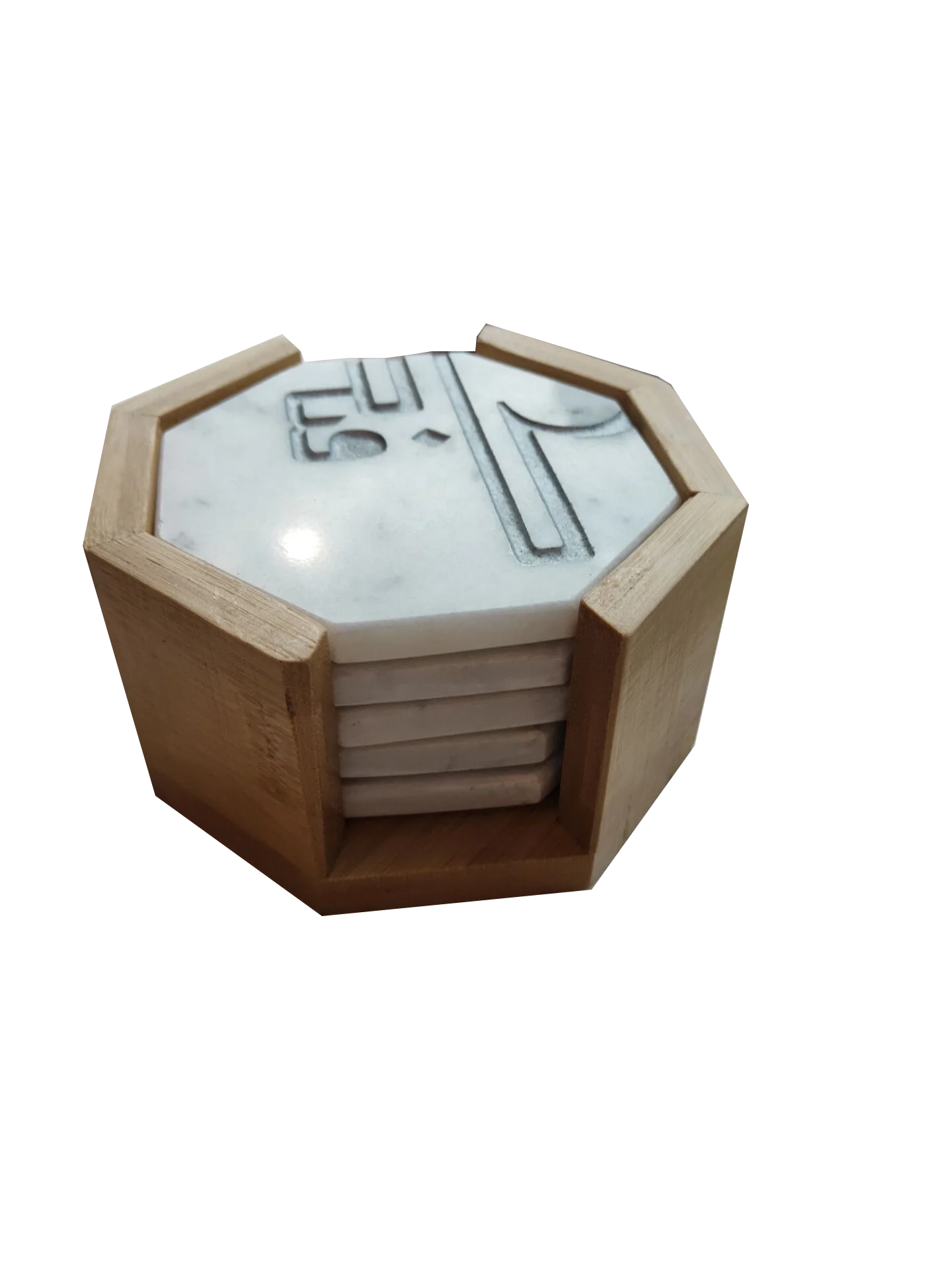 Factory Sale White Sculpture Octangle Marble Coaster Set With Wood