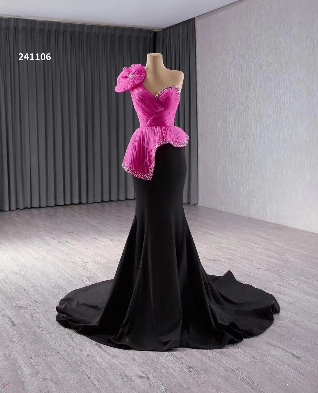 QUEENS GOWN new style rose red party mermaid dress fashion one shoulder evening dresses with detachable mermaid train