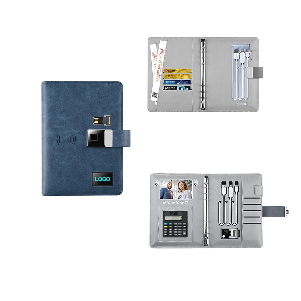 Custom A5 Pu Leather Loose-Leaf Binder Powerbank Organizer Notebook With Pen Holder And Card Slot