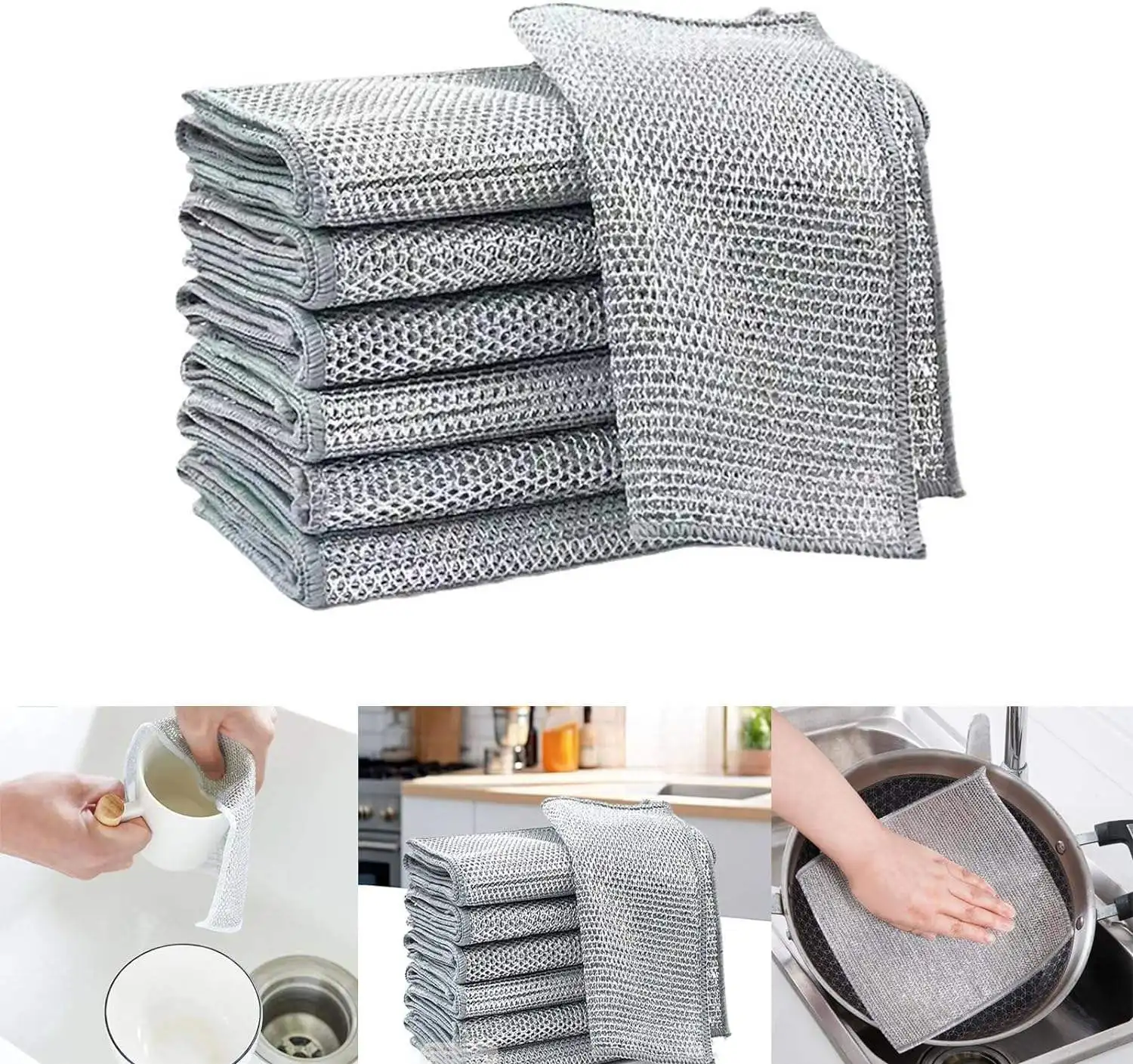 Silver Wire Cleaning Cloth Dish Towels Steel Scrubbers Wire Dishwashing Rags for Wet and Dry Non-Scratch Steel Wire Dishcloth