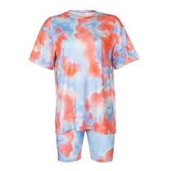 Trendy Colorful Printed T Shirt And Short Tie Dye Two Piece Set Streetwear Homewear Casual Loose Tie Dye Tracksuit Short Sets