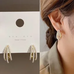 South Korea multi-match rhinestone pearl bowknot eardrop INS net red star earrings with female long temperament earpiece